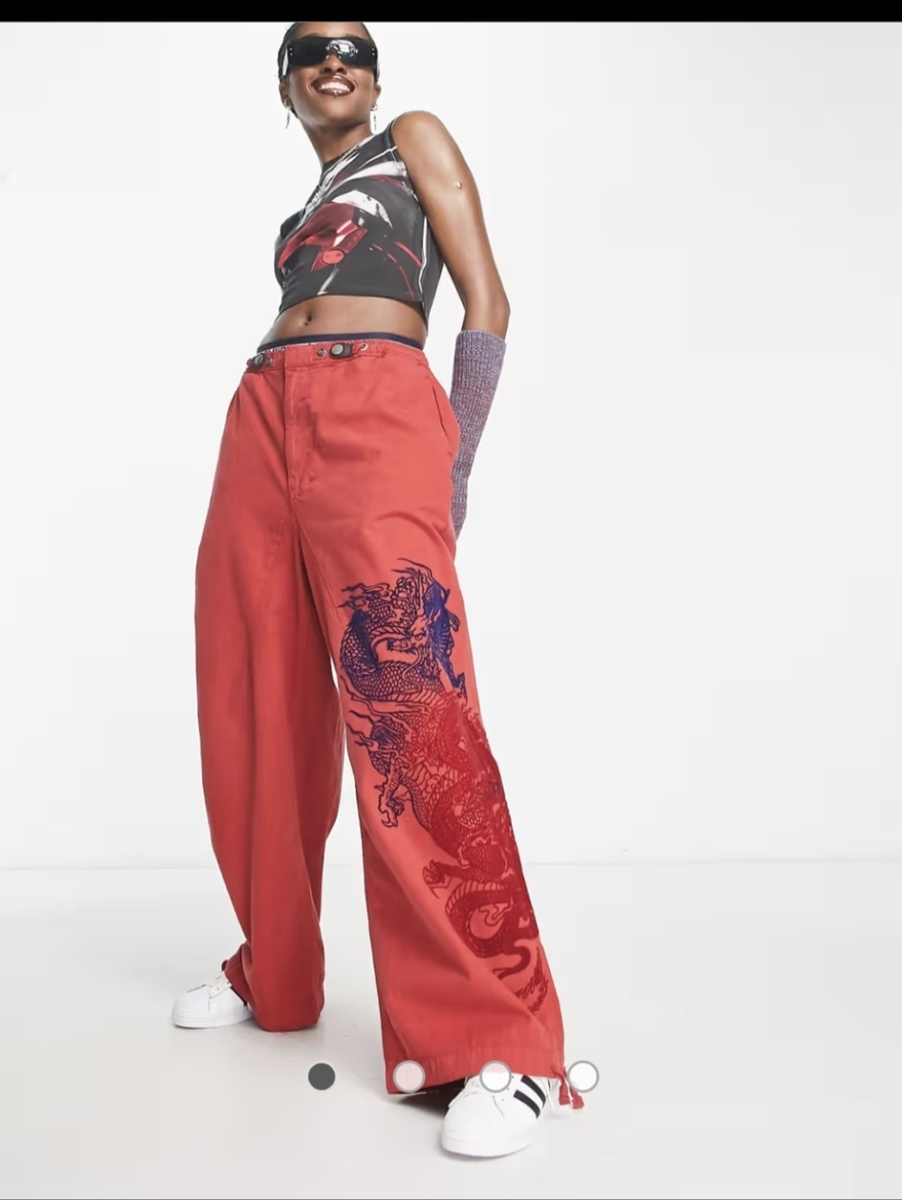 Jaded London Red Wide-Leg Dragon Embroidered Pants